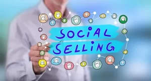 Image featuring a social media interface with icons of people connecting, representing social selling and building relationships online.